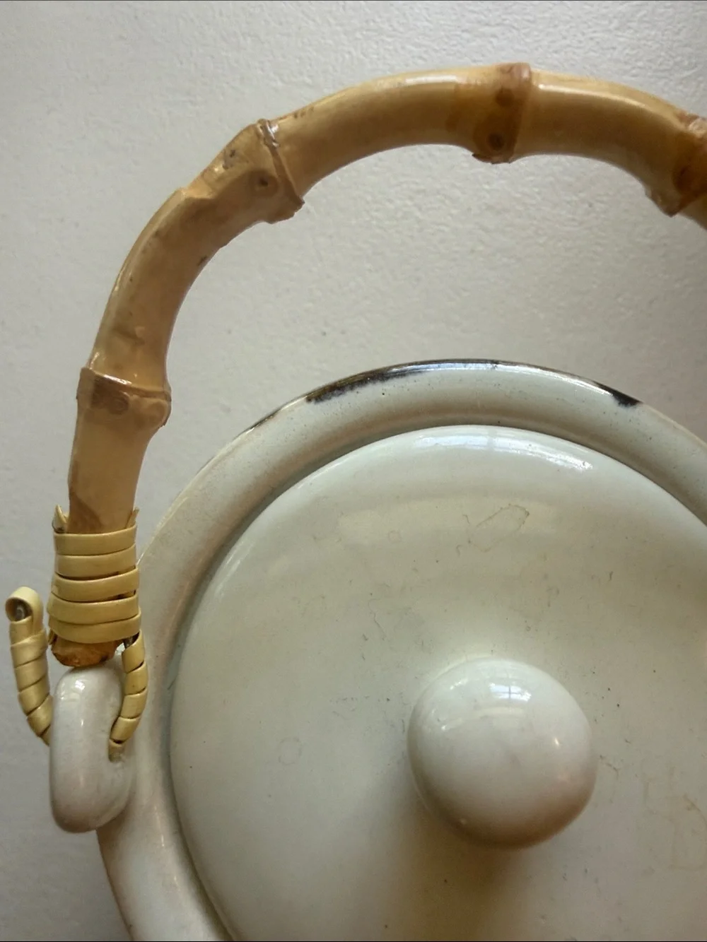 Cost Plus World Market Cream Ceramic Teapot with Bamboo Handle Dark Blue Accents